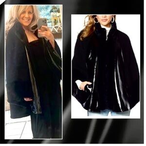 Adrienne Landau,Plush Black,Faux Fur Shearling Cape/Coat,Luxe Winter Glam,Size L